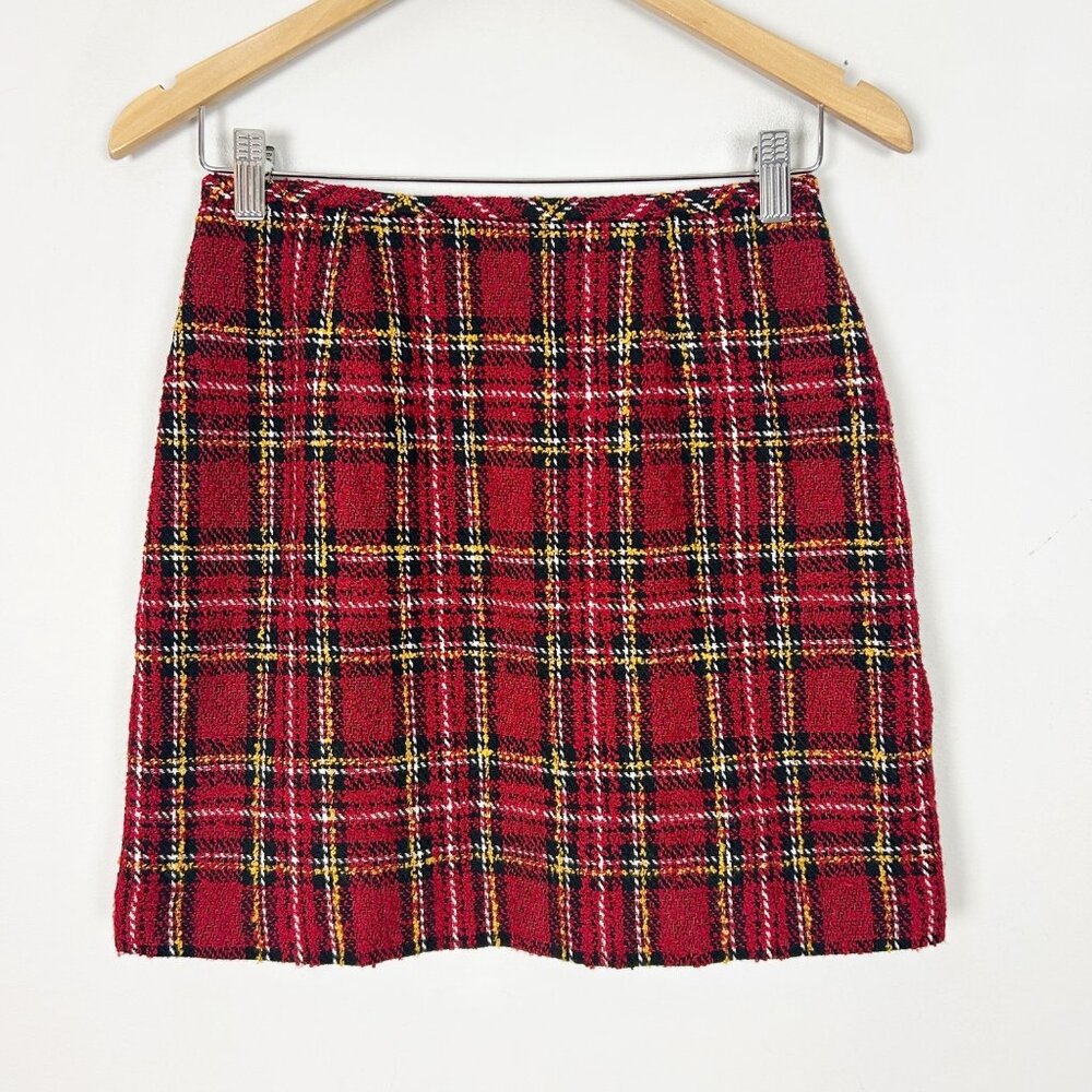 Y2K Vtg Red Plaid Tweed Mini Skirt Size 6 Academia Grunge Loft Women's - Picture 1 of 3